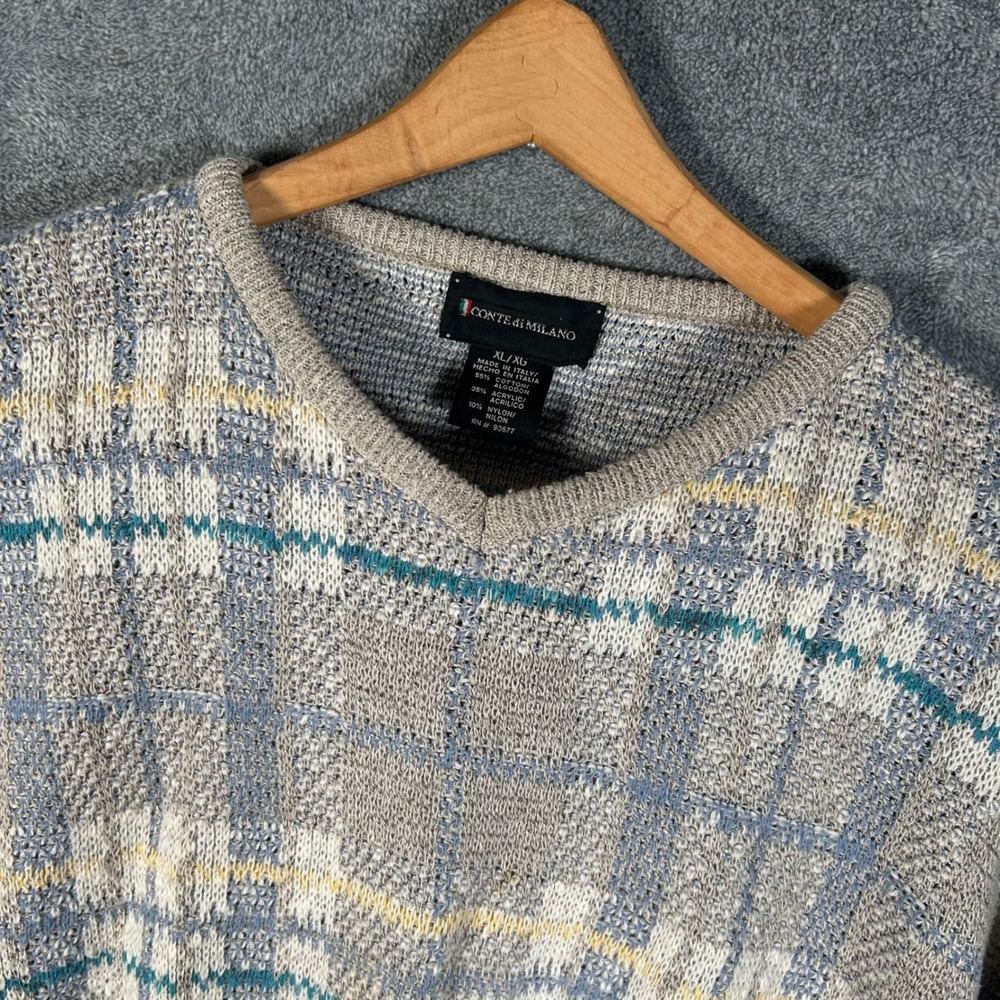 VTG Conte di Milano Sweater Knit V-Neck Plaid Men XL Made Italy Grey Blue Yellow - Picture 2 of 11